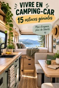 Vue d'un camping-car bien aménagé sur un chemin de campagne, mettant en avant l'optimisation de l'espace