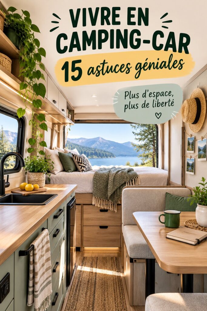 Vue d'un camping-car bien aménagé sur un chemin de campagne, mettant en avant l'optimisation de l'espace