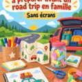 Une famille souriante préparant des jeux créatifs avant un road trip
