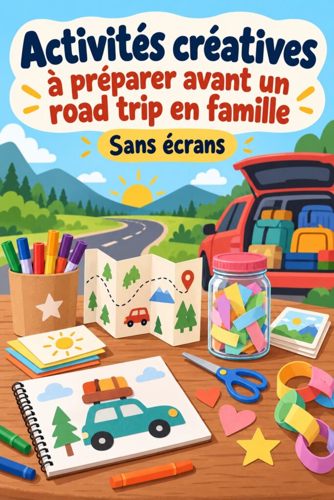Une famille souriante préparant des jeux créatifs avant un road trip