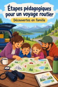 Une famille souriante à un arrêt éducatif lors d'un road trip à travers les États-Unis