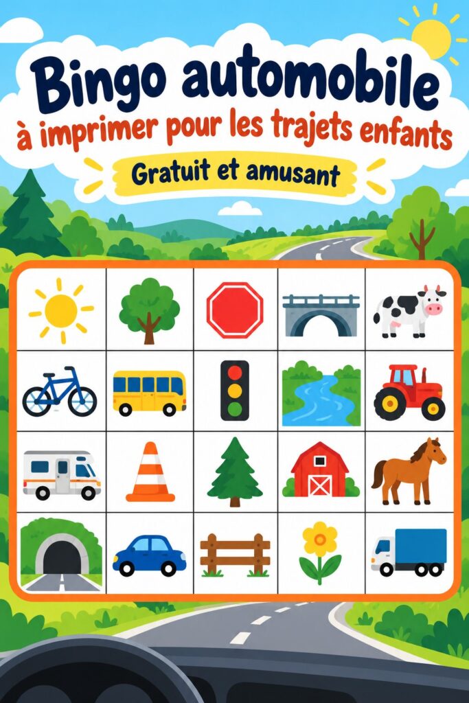Bingo automobile imprimable pour des trajets en famille avec enfants, rempli d'illustrations colorées.