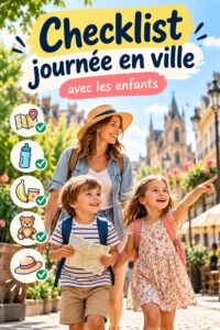 Une mère et ses enfants souriants explorant la ville avec une checklist en main.