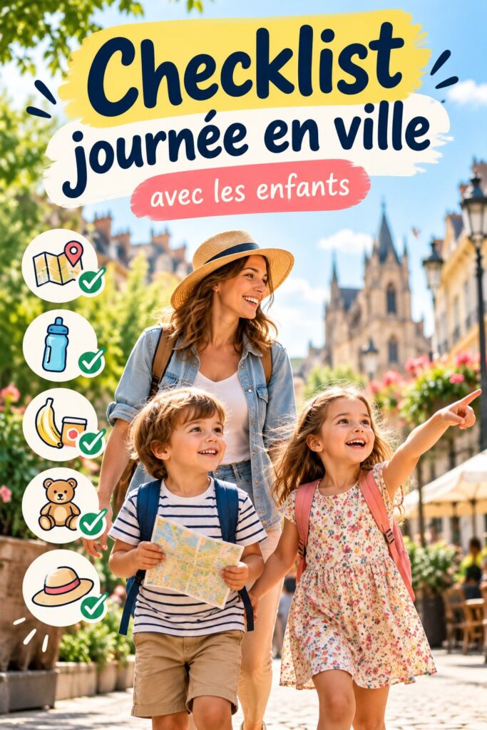 Une mère et ses enfants souriants explorant la ville avec une checklist en main.