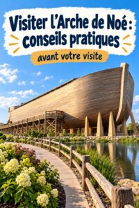 Image de l'Arche de Noé entourée de la nature, témoignant de l'impressionnante taille de cette structure.