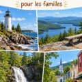 Une famille heureuse sur la route en Nouvelle-Angleterre avec des paysages verdoyants en arrière-plan.