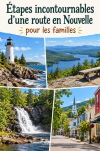 Une famille heureuse sur la route en Nouvelle-Angleterre avec des paysages verdoyants en arrière-plan.