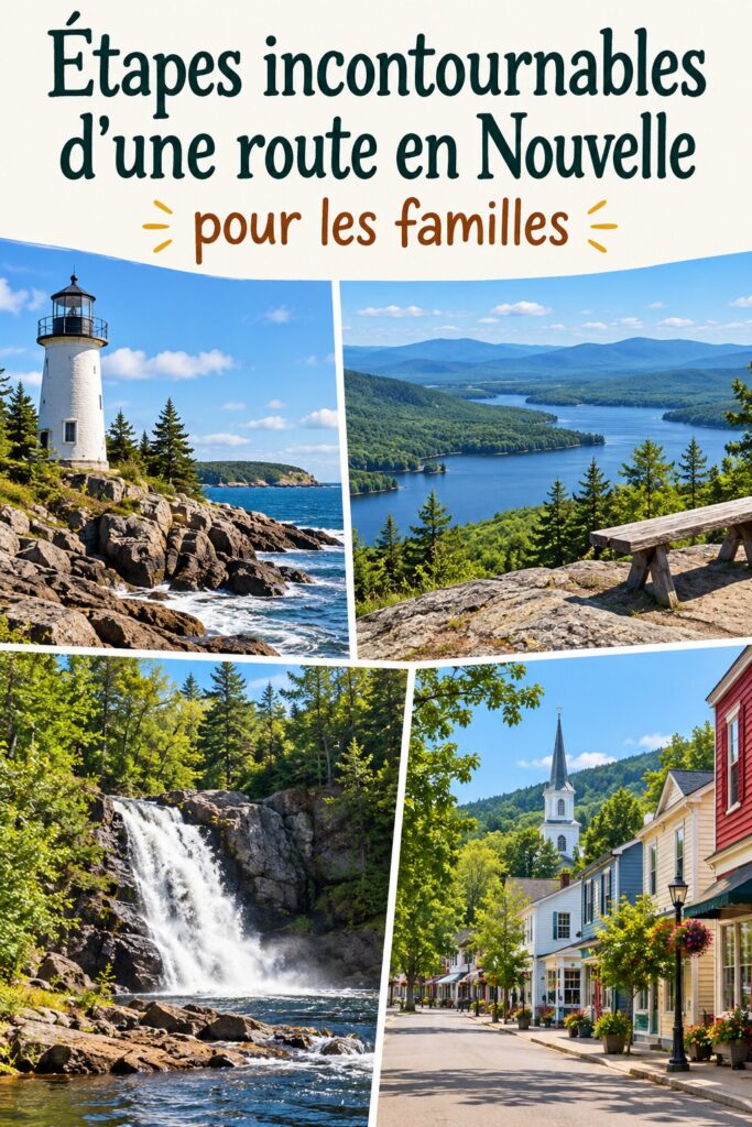 Une famille heureuse sur la route en Nouvelle-Angleterre avec des paysages verdoyants en arrière-plan.
