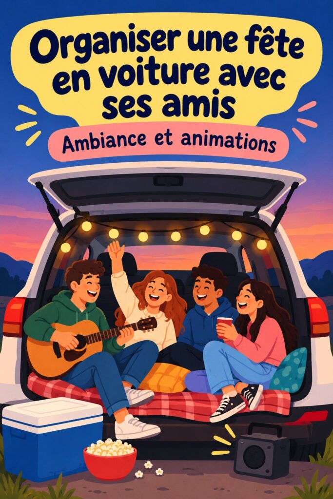 Groupe d'amis s'amusant lors d'une fête en voiture