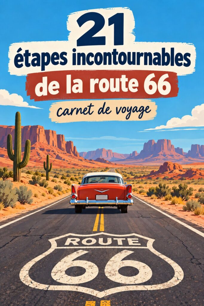 Une vue sur la Route 66 avec des panneaux classiques et des paysages typiques.