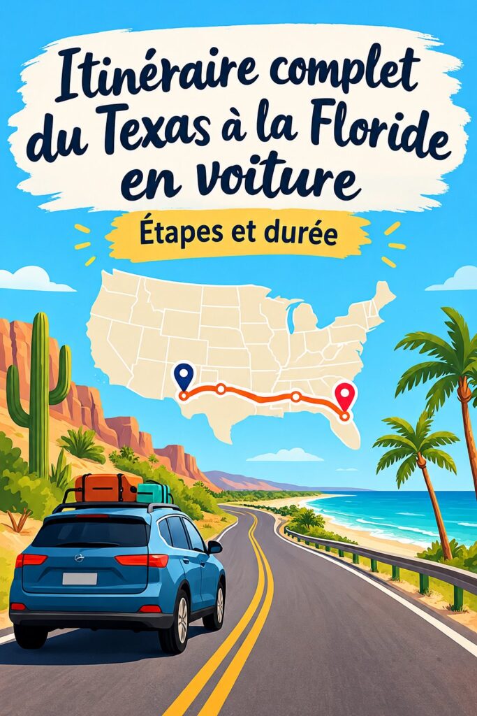 Carte d'un itinéraire routier du Texas à la Floride