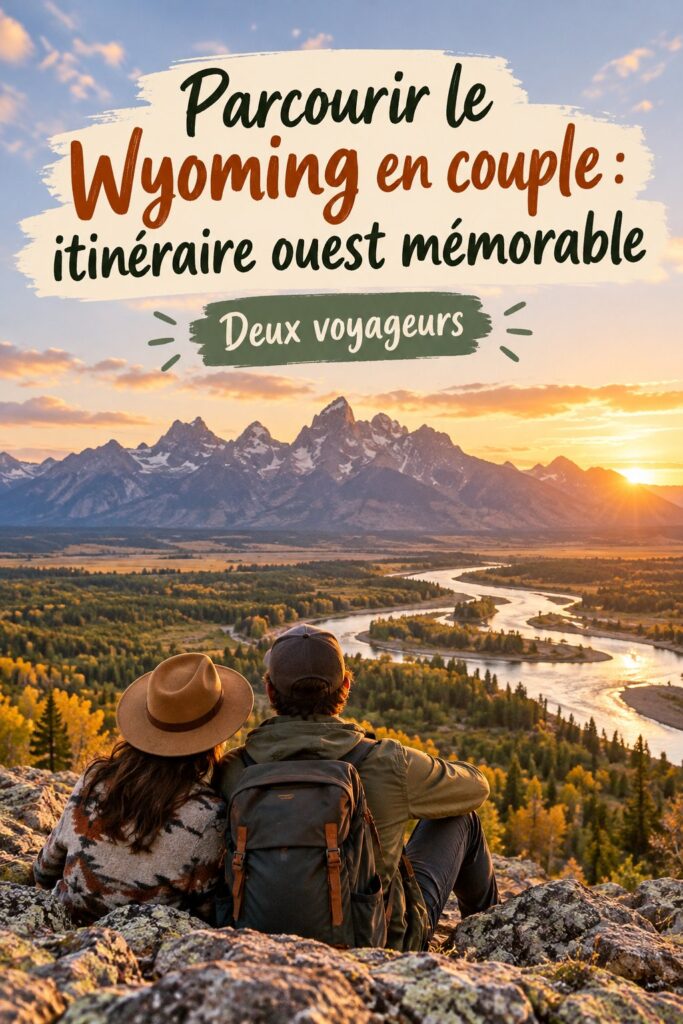 Couple admirant un paysage du Wyoming lors d'un road trip romantique.