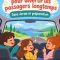 Une famille amusée en jouant à des jeux de route pendant un long voyage en voiture.