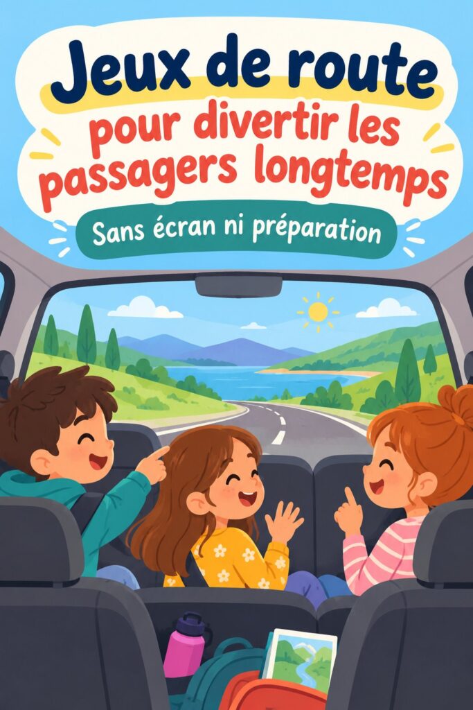 Une famille amusée en jouant à des jeux de route pendant un long voyage en voiture.