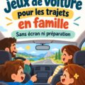 Une famille amusée en voiture jouant à des jeux pendant un voyage