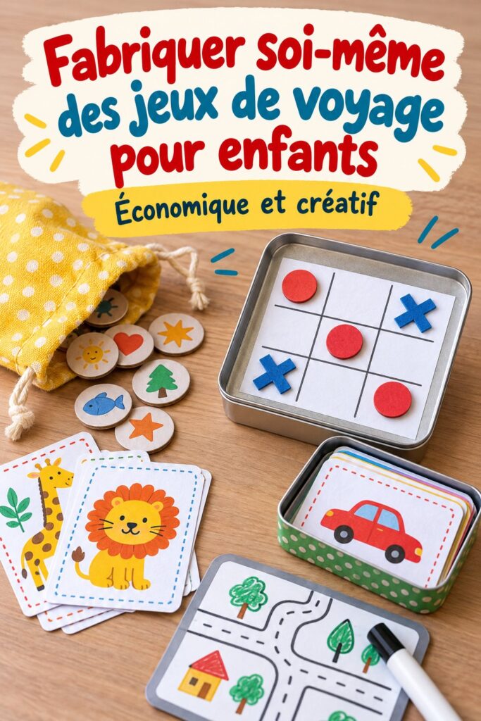 Des enfants heureux jouant à un jeu de voyage fabriqué à la main dans la voiture.