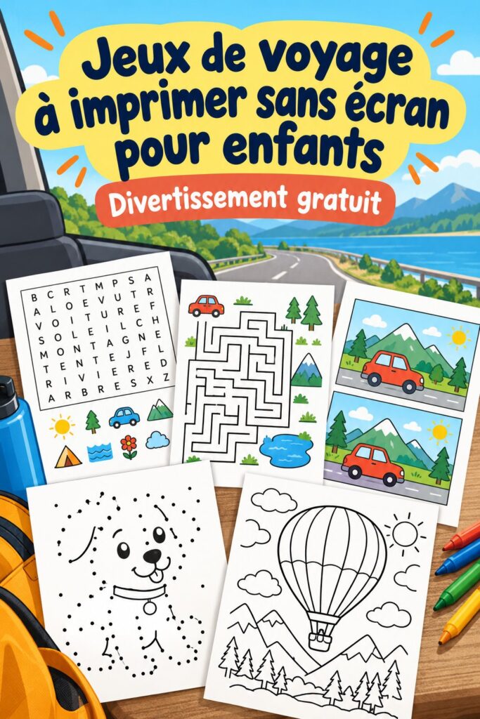 Un enfant jouant avec des jeux de voyage imprimés lors d'un road trip