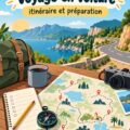 Une famille souriante en voiture sur un chemin de campagne, prête pour leur road trip