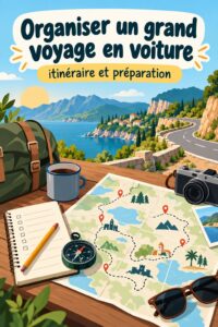 Une famille souriante en voiture sur un chemin de campagne, prête pour leur road trip