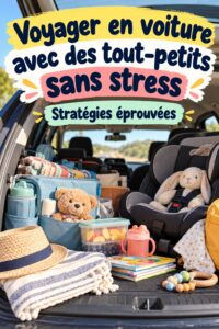 Famille souriante en voiture, préparée pour un road trip avec des tout-petits
