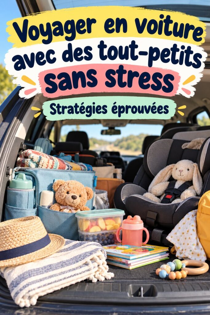 Famille souriante en voiture, préparée pour un road trip avec des tout-petits