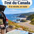 Famille profitant d'un road trip dans l'Est canadien, paysages verdoyants et ciel bleu en arrière-plan.