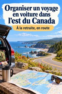 Famille profitant d'un road trip dans l'Est canadien, paysages verdoyants et ciel bleu en arrière-plan.