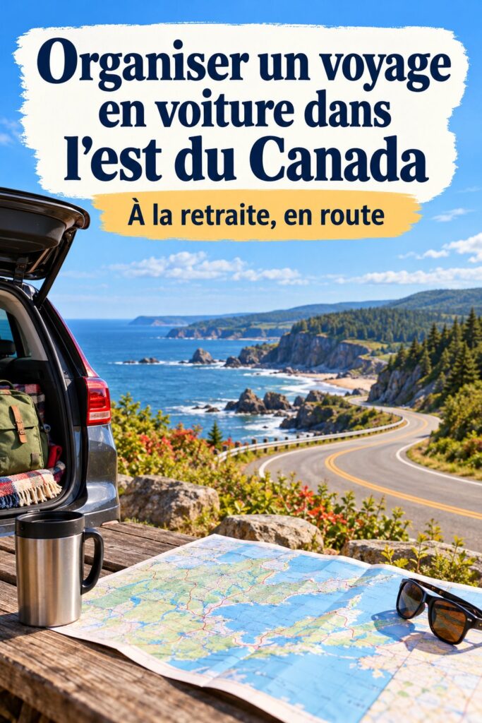 Famille profitant d'un road trip dans l'Est canadien, paysages verdoyants et ciel bleu en arrière-plan.