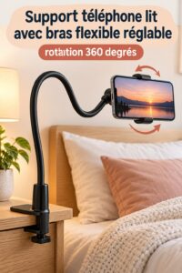 Support de téléphone flexible sur une table de nuit avec un smartphone en position ajustable.