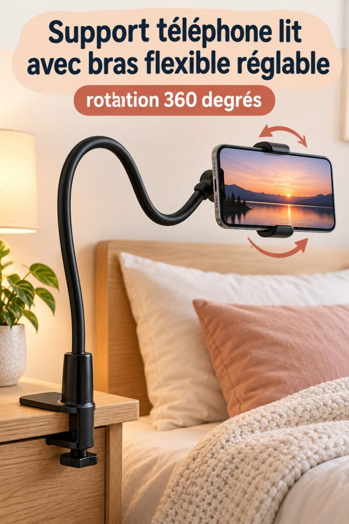 Support de téléphone flexible sur une table de nuit avec un smartphone en position ajustable.
