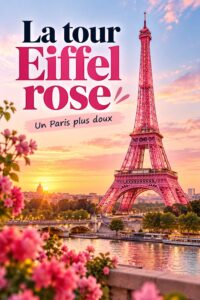 Photo de la tour Eiffel illuminée en rose, symbole romantique de Paris.