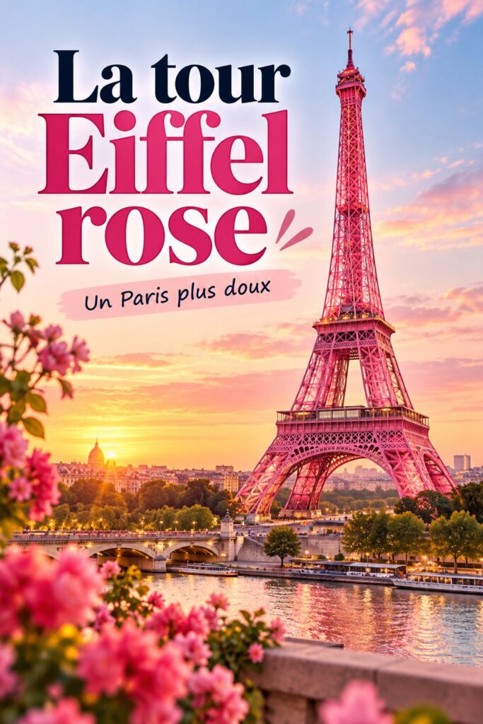 Photo de la tour Eiffel illuminée en rose, symbole romantique de Paris.
